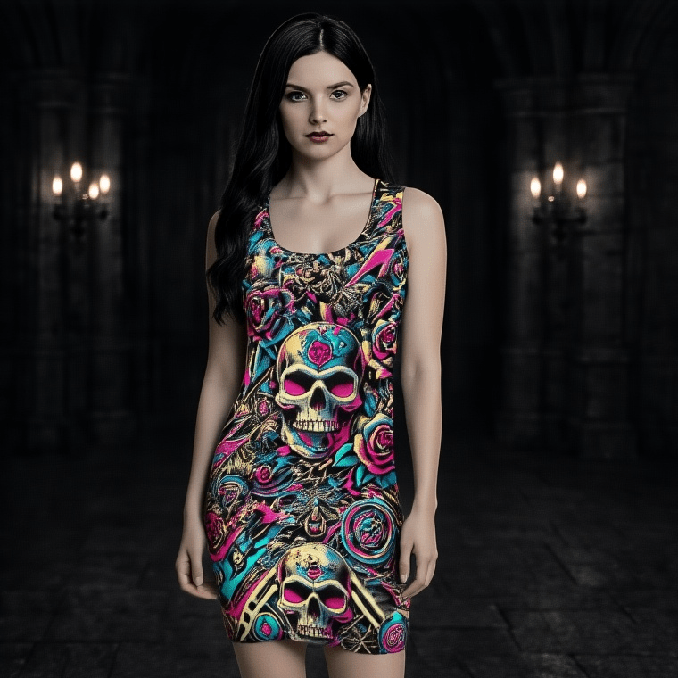 Midrave Blue and Pink Skull Punk Bodycon Rave Dress - Midrave