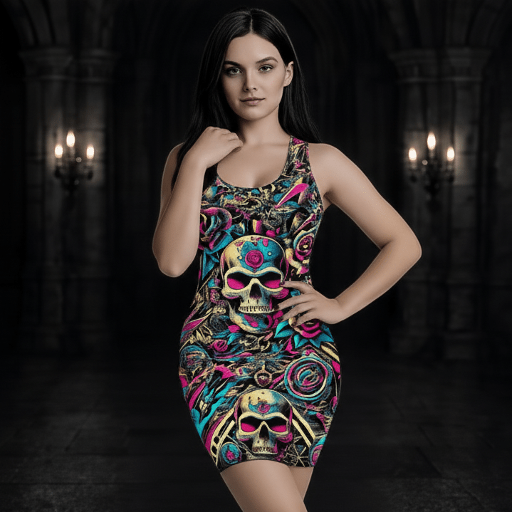 Midrave Blue and Pink Skull Punk Bodycon Rave Dress - Midrave