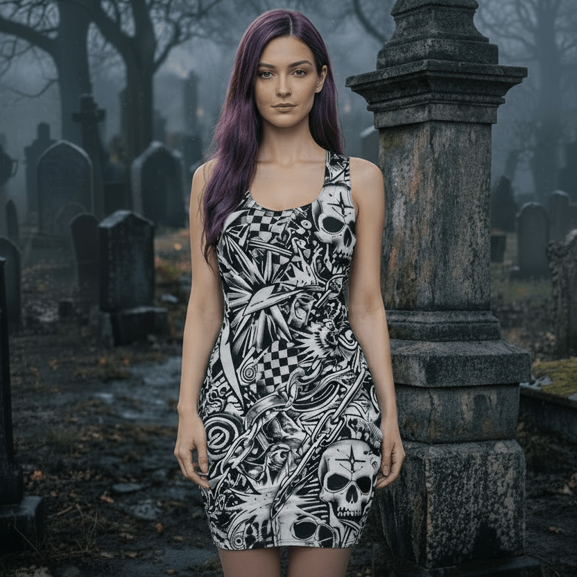 Midrave White and Black Skulls Punk Bodycon Rave Dress - Midrave