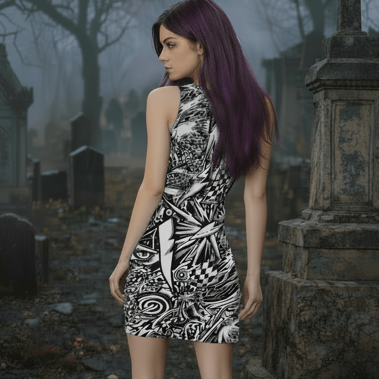 Midrave White and Black Skulls Punk Bodycon Rave Dress - Midrave