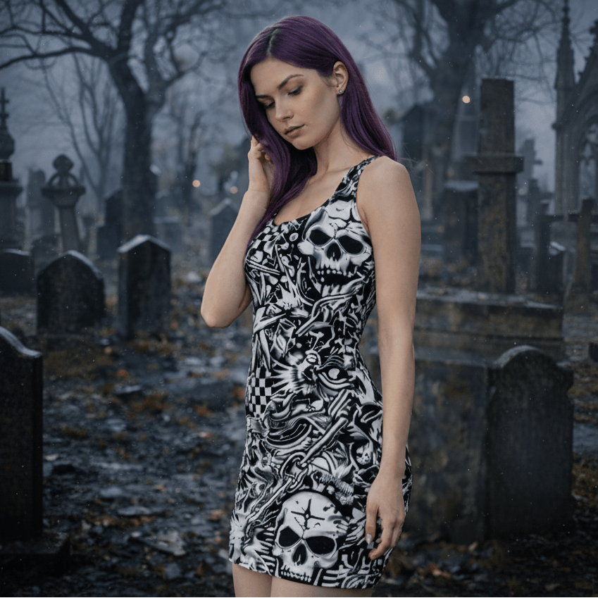 Midrave White and Black Skulls Punk Bodycon Rave Dress - Midrave