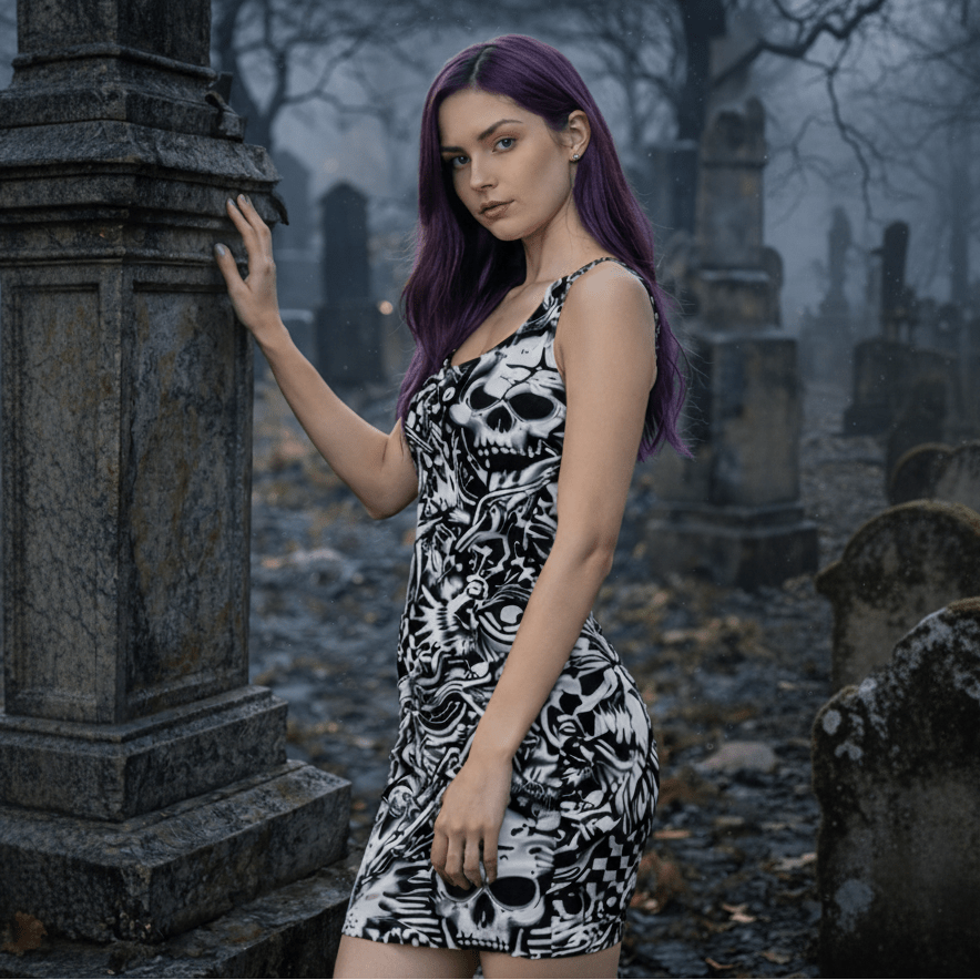 Midrave White and Black Skulls Punk Bodycon Rave Dress - Midrave