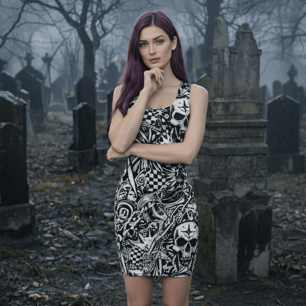Midrave White and Black Skulls Punk Bodycon Rave Dress - Midrave